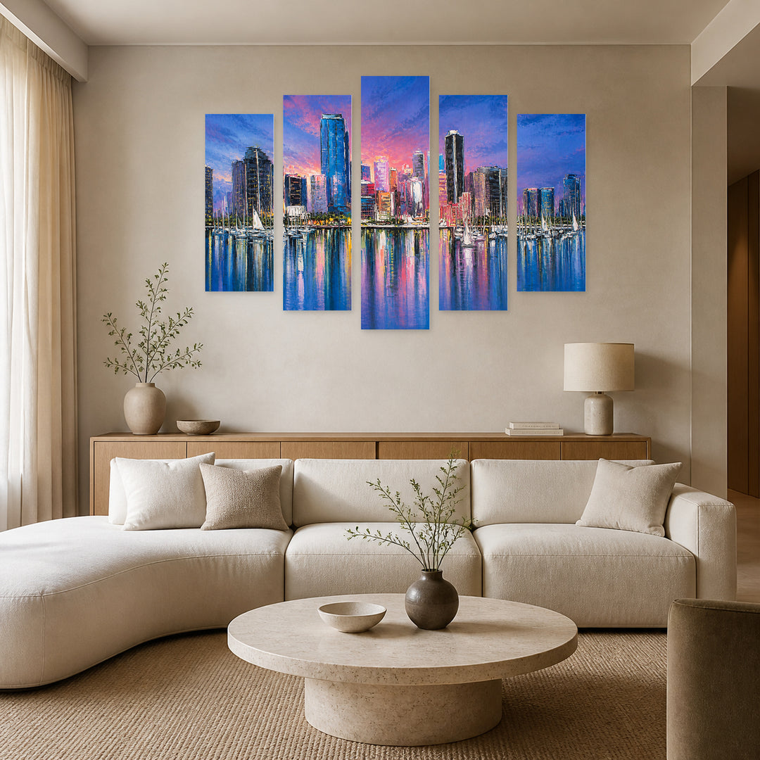 Miami in Vivid Color — five-panel wall art in frontal interior | 5wallart 52723 M3