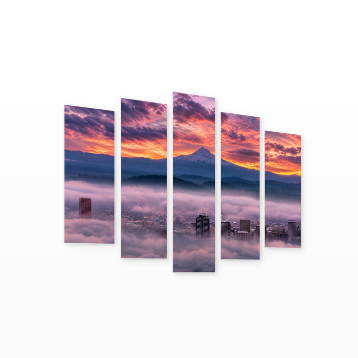Dramatic Colorful Sunrise Urban Panorama — five-panel wall art on white background in perspective | 5wallart 52731 M1