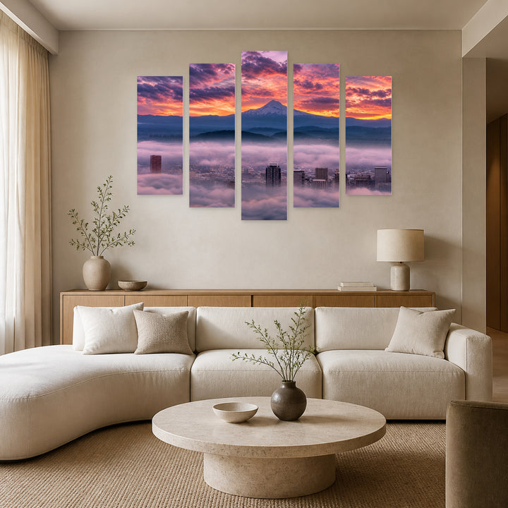 Dramatic Colorful Sunrise Urban Panorama — five-panel wall art in frontal interior | 5wallart 52731 M3
