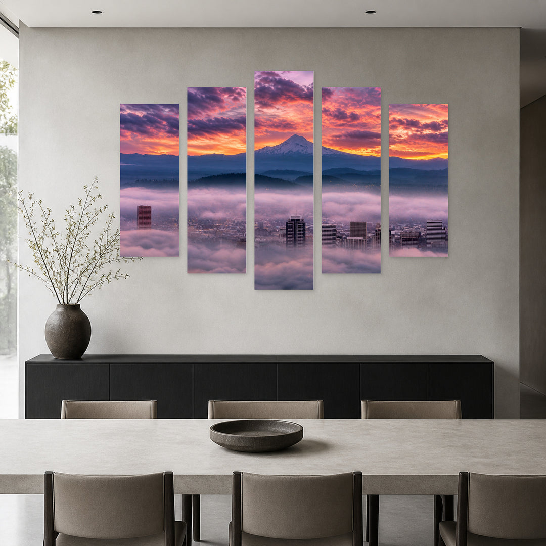Dramatic Colorful Sunrise Urban Panorama — five-panel wall art in alternate frontal interior | 5wallart 52731 M4