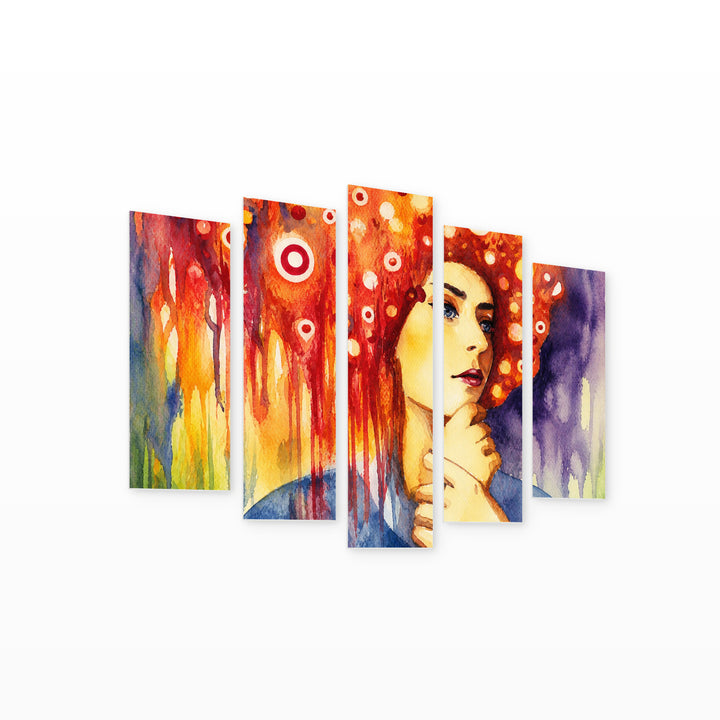 Watercolor Portrait in Serene Light — five-panel wall art on white background in perspective | 5wallart 52734 M1
