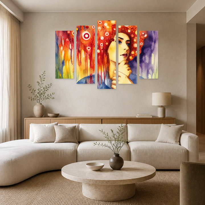 Watercolor Portrait in Serene Light — five-panel wall art in alternate frontal interior | 5wallart 52734 M4