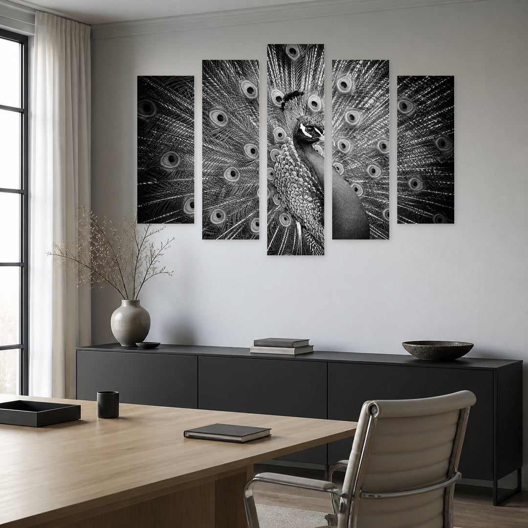 Black and White Peacock with Geometric Rhythm — five-panel wall art in frontal interior | 5wallart 52736 M3