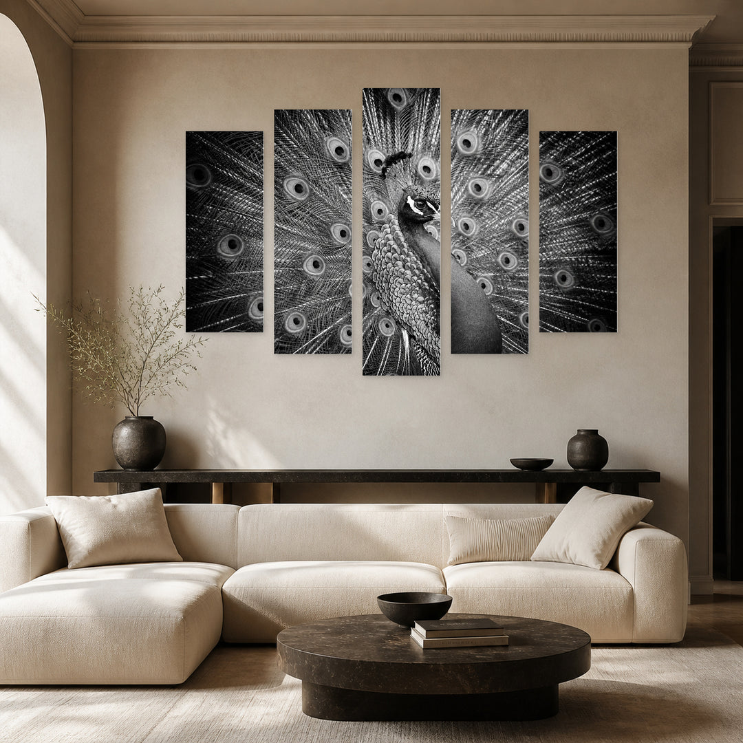 Black and White Peacock with Geometric Rhythm — five-panel wall art in alternate frontal interior | 5wallart 52736 M4