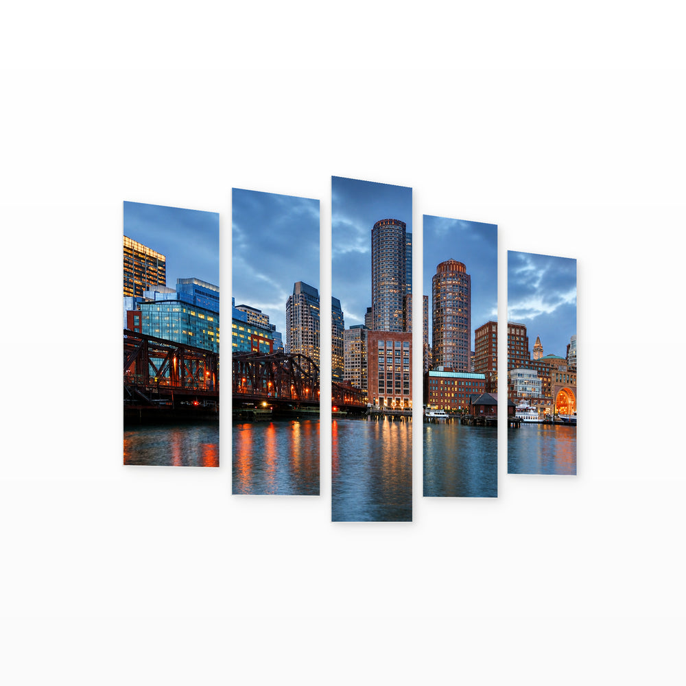 Boston with Geometric Rhythm — five-panel wall art on white background in perspective | 5wallart 52739 M1