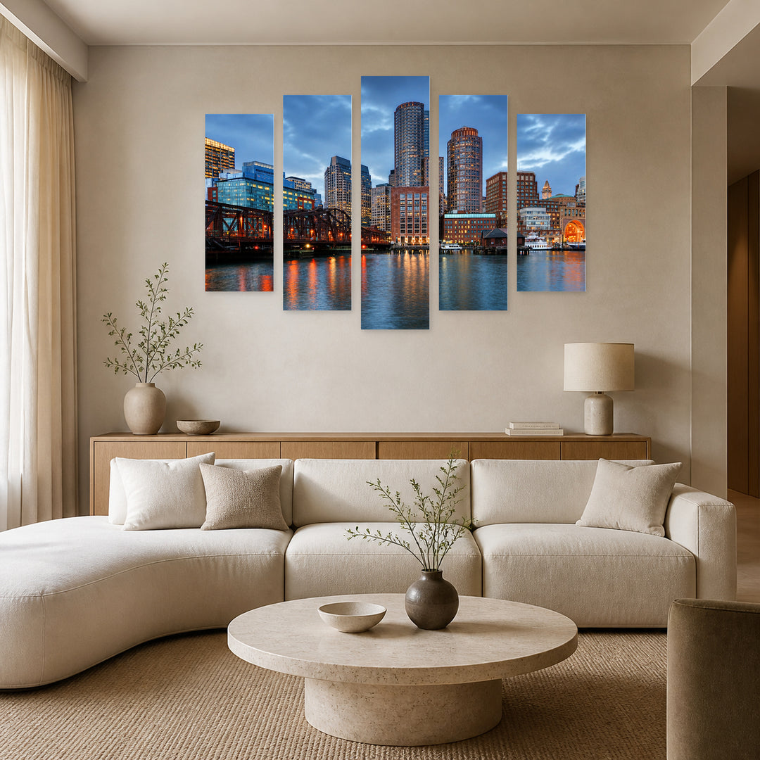 Boston with Geometric Rhythm — five-panel wall art in frontal interior | 5wallart 52739 M3