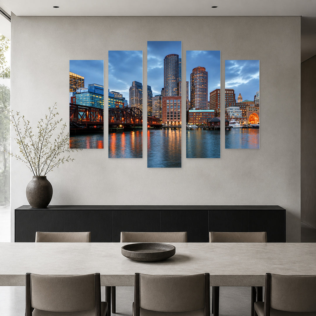 Boston with Geometric Rhythm — five-panel wall art in alternate frontal interior | 5wallart 52739 M4