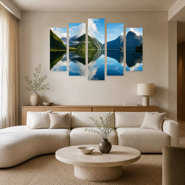 Milford Sound in Serene Light — five-panel wall art in frontal interior | 5wallart 52743 M3