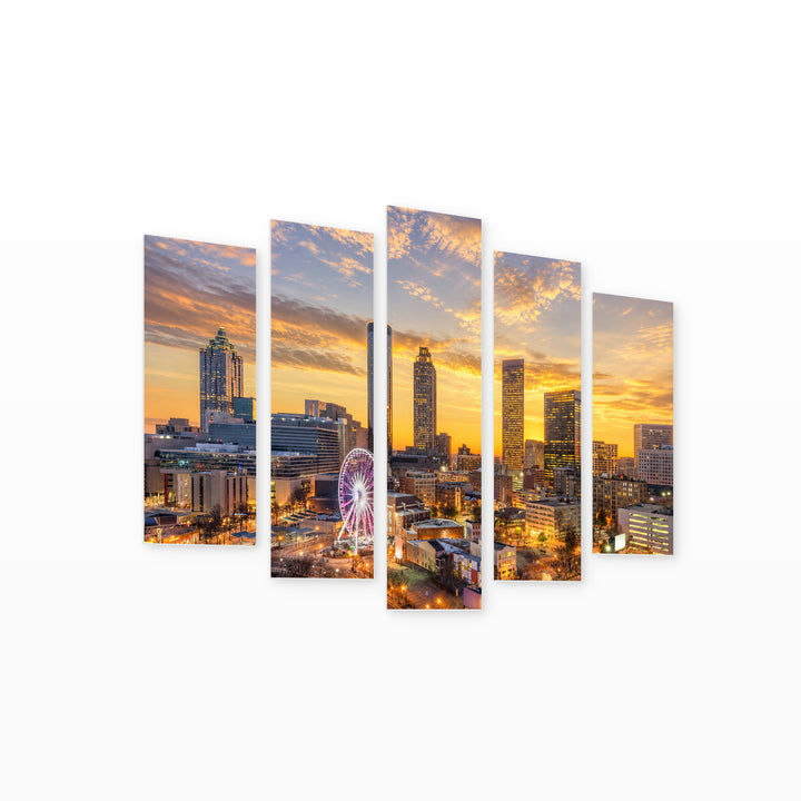 Atlanta, Georgia, USA at Golden Sunset — five-panel wall art on white background in perspective | 5wallart 52747 M1