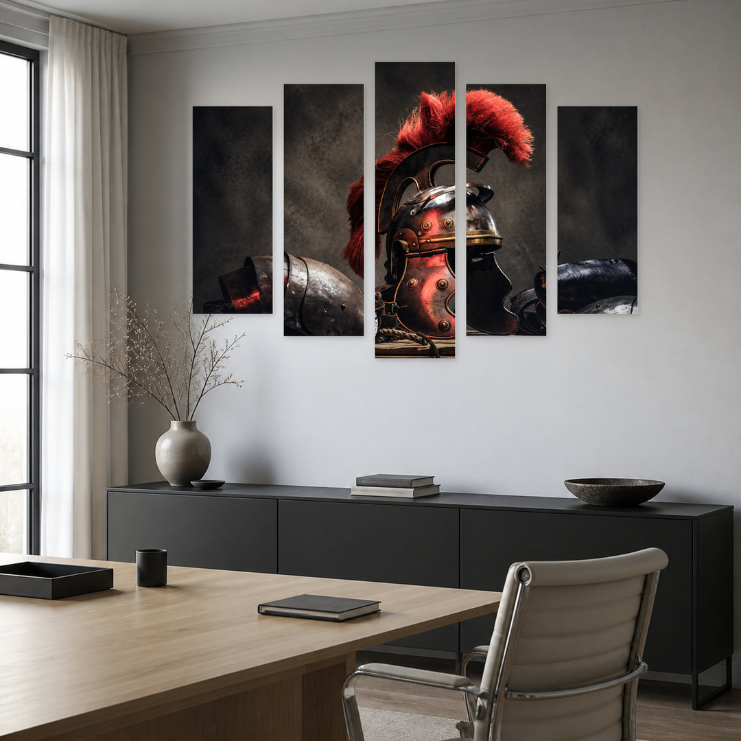 Combat Gear with Geometric Rhythm — five-panel wall art in frontal interior | 5wallart 52748 M3