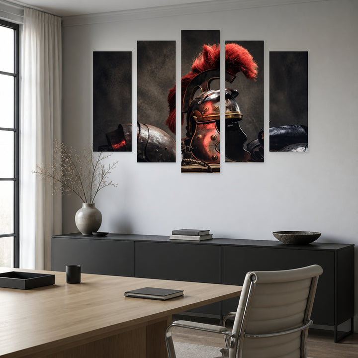 Combat Gear with Geometric Rhythm — five-panel wall art in frontal interior | 5wallart 52748 M3