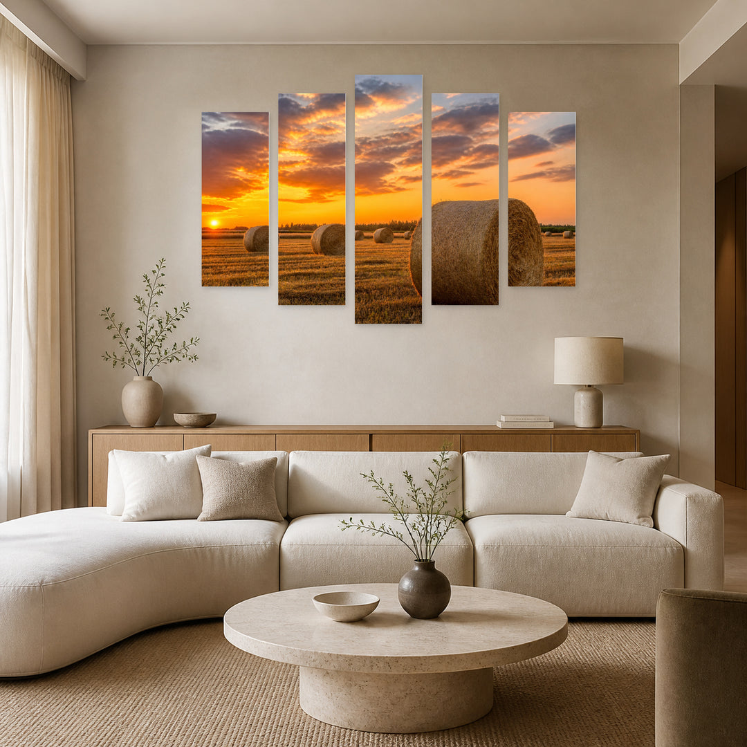 A Farm Field Sunset Glow — five-panel wall art in frontal interior | 5wallart 52755 M3