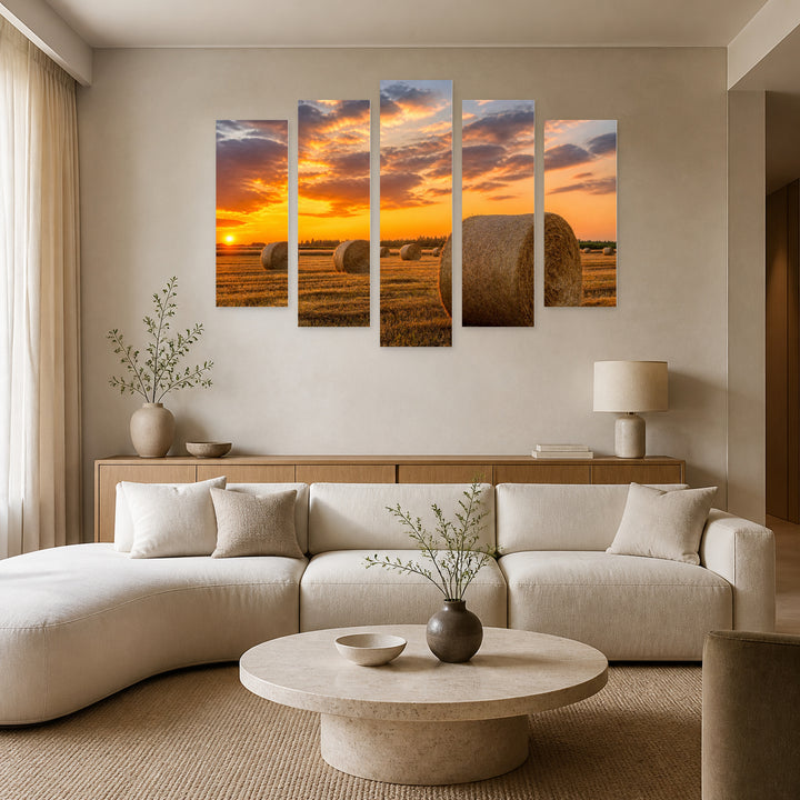 A Farm Field Sunset Glow — five-panel wall art in frontal interior | 5wallart 52755 M3
