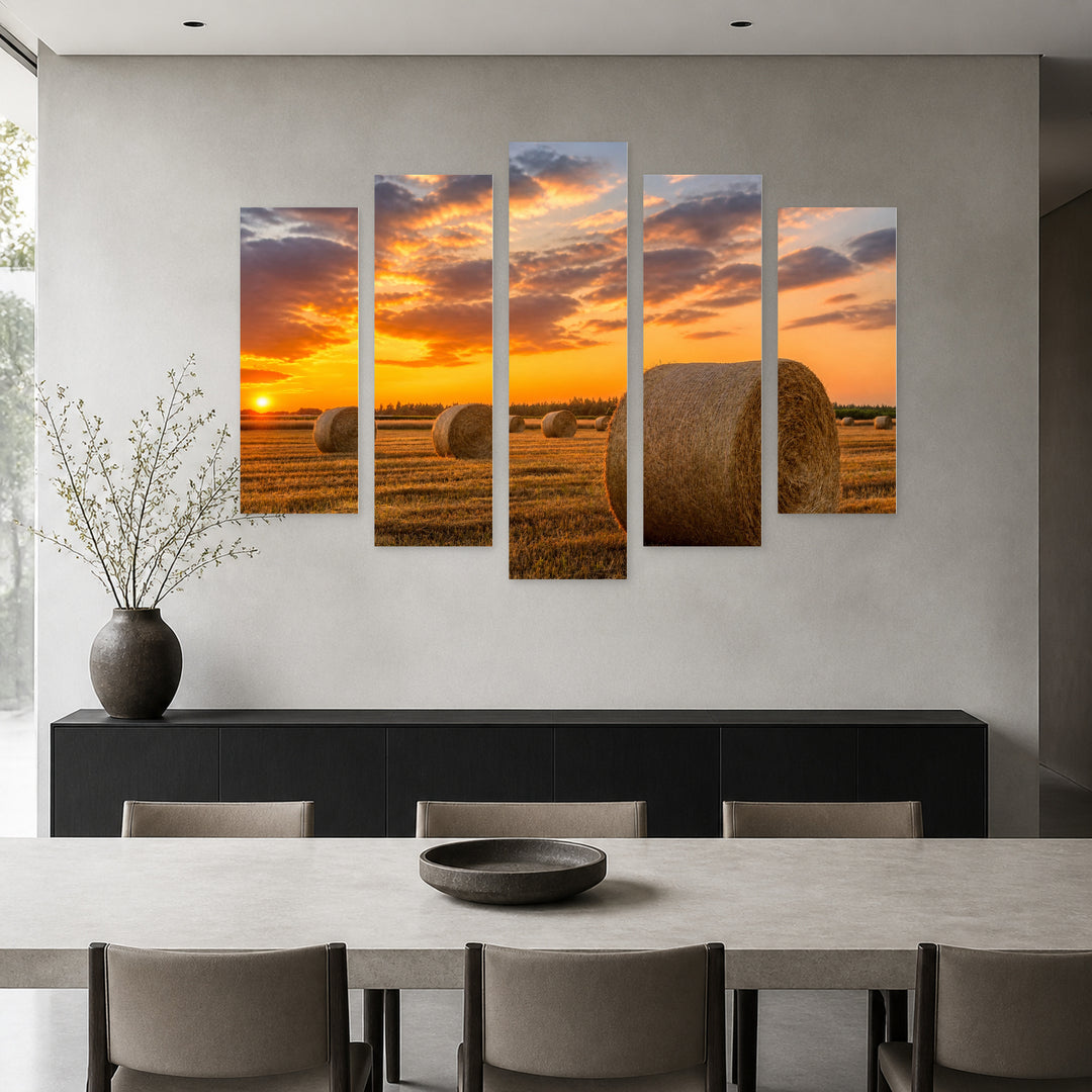 A Farm Field Sunset Glow — five-panel wall art in alternate frontal interior | 5wallart 52755 M4