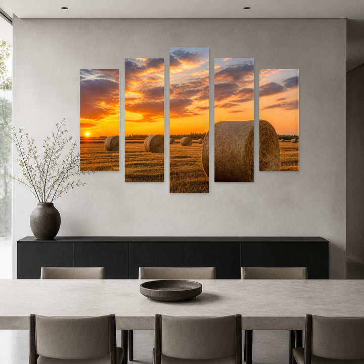 A Farm Field Sunset Glow — five-panel wall art in alternate frontal interior | 5wallart 52755 M4