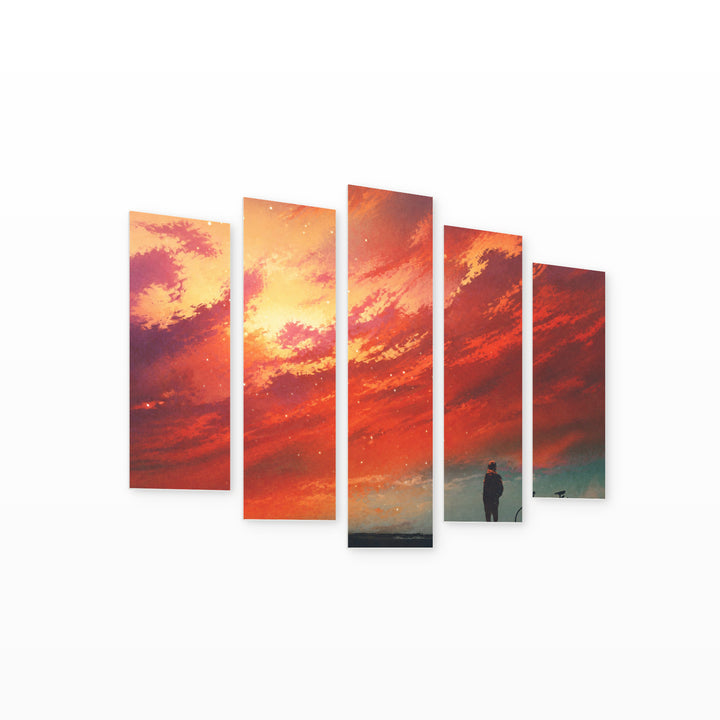Red Sky, Illustration with Dramatic Contrast — five-panel wall art on white background in perspective | 5wallart 52756 M1