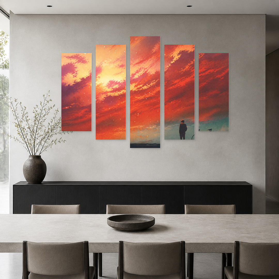 Red Sky, Illustration with Dramatic Contrast — five-panel wall art in frontal interior | 5wallart 52756 M3