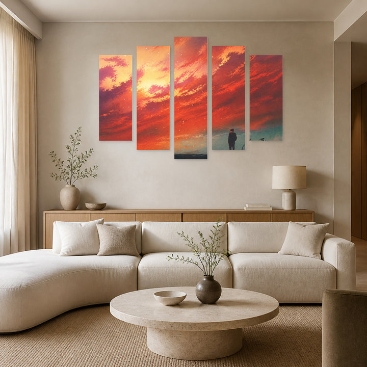 Red Sky, Illustration with Dramatic Contrast — five-panel wall art in alternate frontal interior | 5wallart 52756 M4