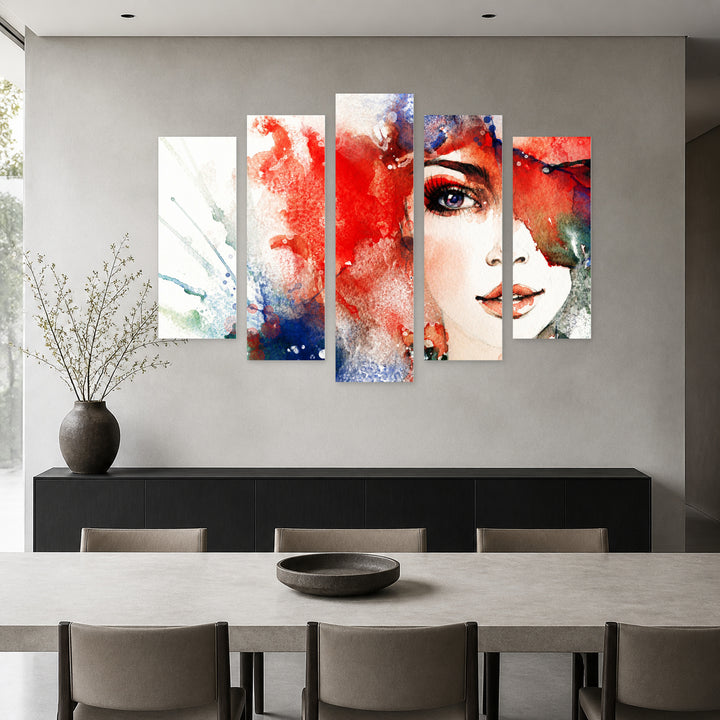 Abstract Illustration of a Woman with Geometric Rhythm — five-panel wall art in frontal interior | 5wallart 52762 M3