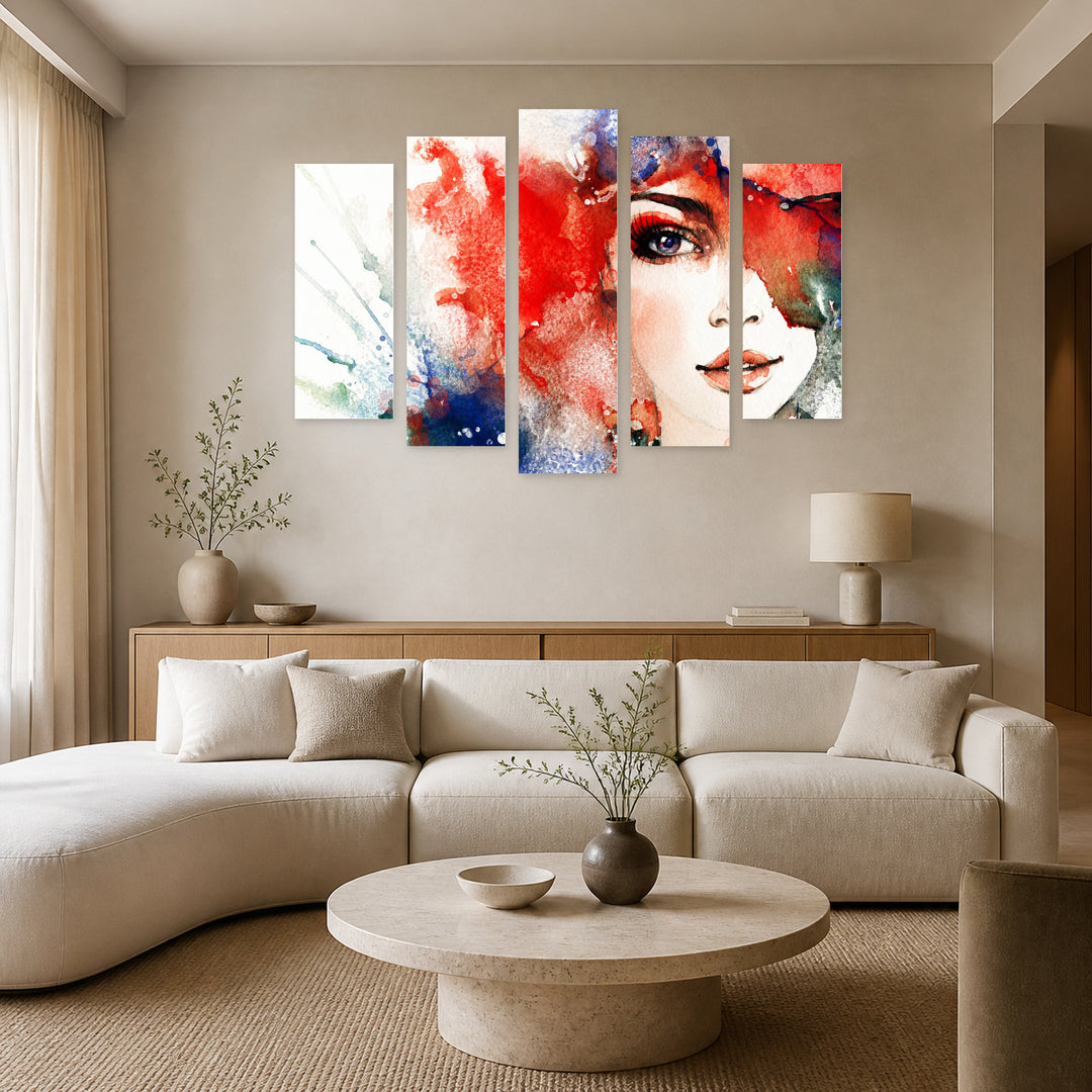 Abstract Illustration of a Woman with Geometric Rhythm — five-panel wall art in alternate frontal interior | 5wallart 52762 M4