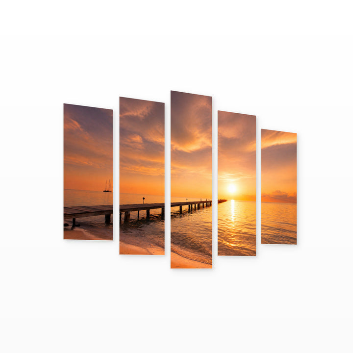 Board on the Beach at Golden Sunset — five-panel wall art on white background in perspective | 5wallart 52765 M1
