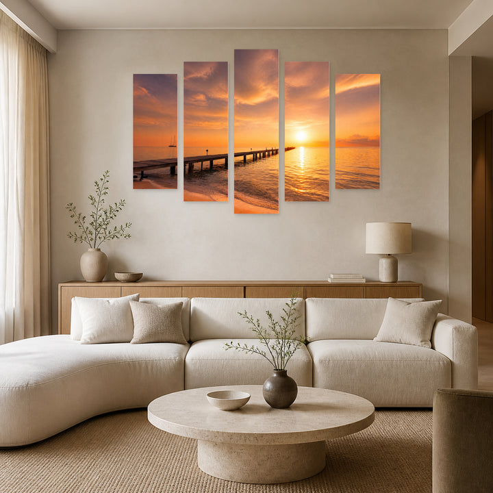 Board on the Beach at Golden Sunset — five-panel wall art in frontal interior | 5wallart 52765 M3
