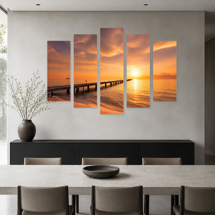 Board on the Beach at Golden Sunset — five-panel wall art in alternate frontal interior | 5wallart 52765 M4