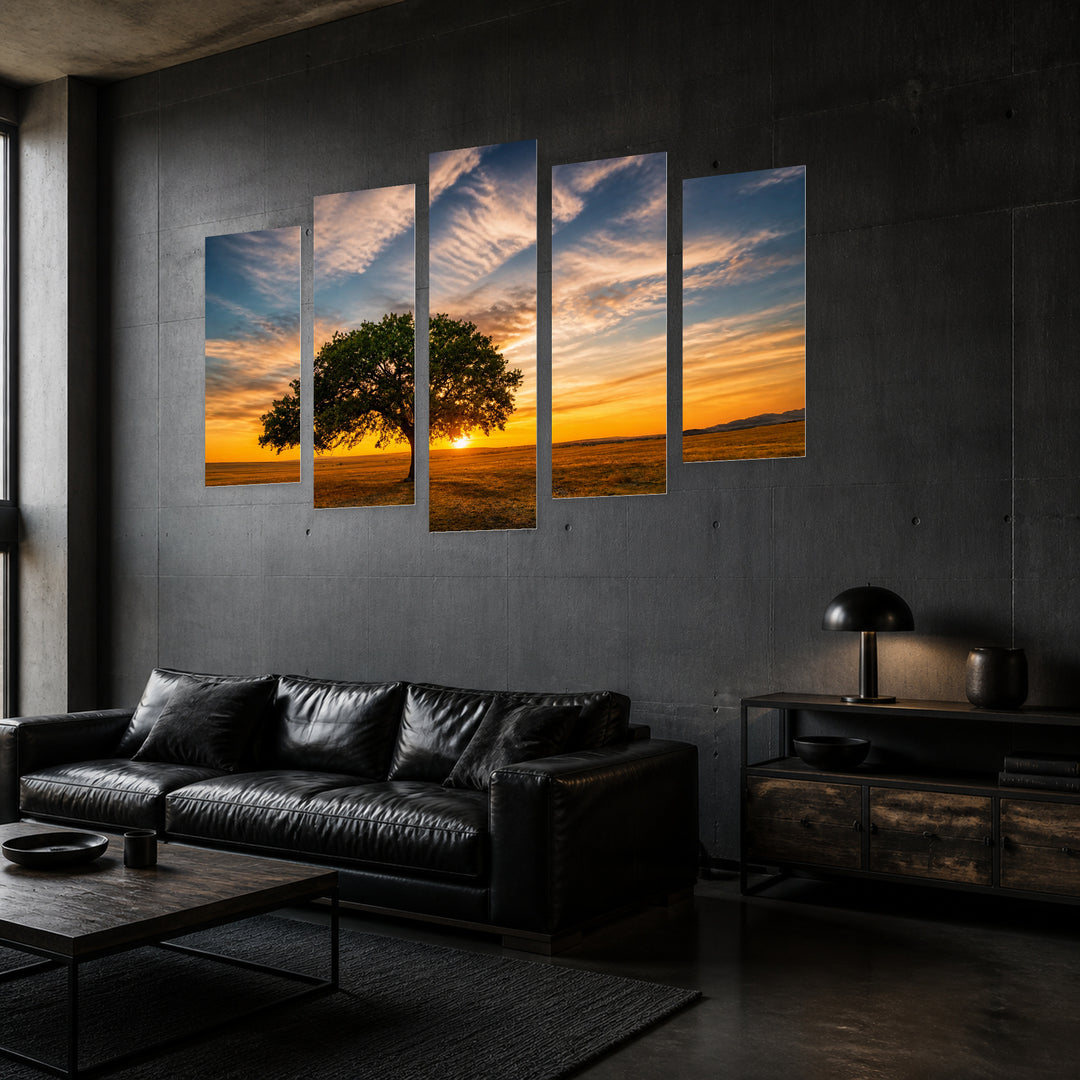 Golden Oak Tree and Beautiful Sunset — five-panel wall art in perspective interior | 5wallart 52766 M2
