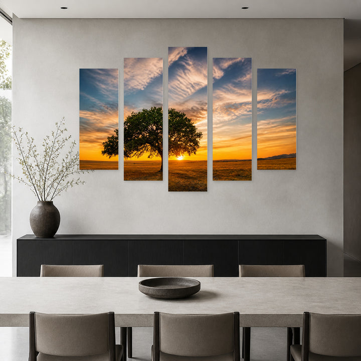 Golden Oak Tree and Beautiful Sunset — five-panel wall art in frontal interior | 5wallart 52766 M3