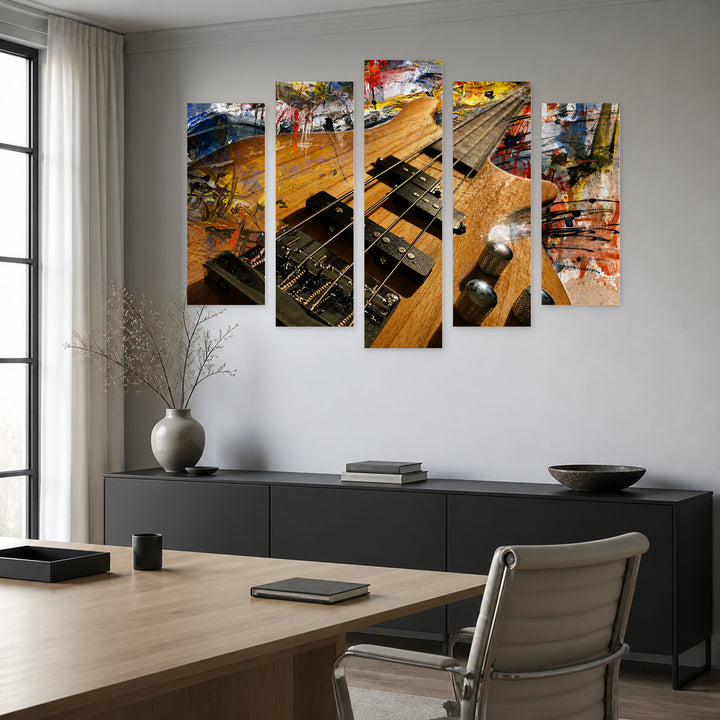 Bass Guitar with Dramatic Contrast — five-panel wall art in frontal interior | 5wallart 52768 M3