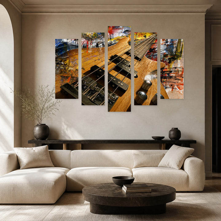 Bass Guitar with Dramatic Contrast — five-panel wall art in alternate frontal interior | 5wallart 52768 M4