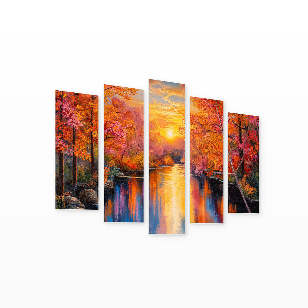 Autumn Illustration at Golden Sunset — five-panel wall art on white background in perspective | 5wallart 52769 M1