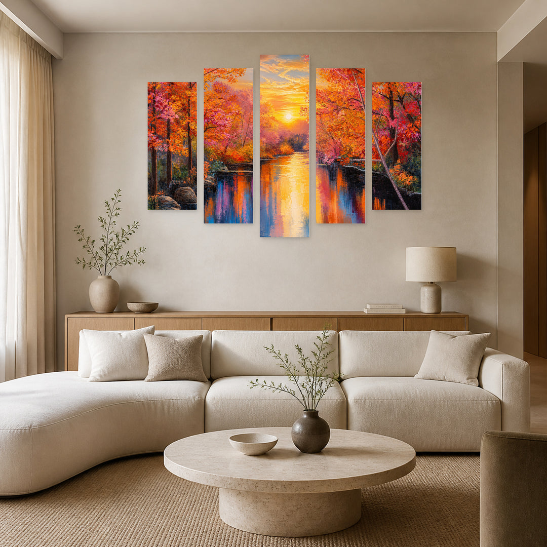 Autumn Illustration at Golden Sunset — five-panel wall art in frontal interior | 5wallart 52769 M3