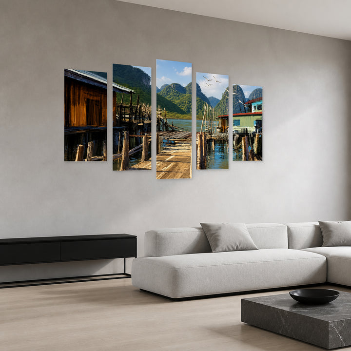 Fishing Village in Serene Light — five-panel wall art in perspective interior | 5wallart 52770 M2
