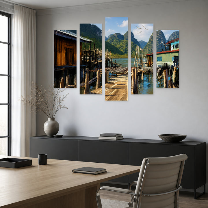 Fishing Village in Serene Light — five-panel wall art in frontal interior | 5wallart 52770 M3