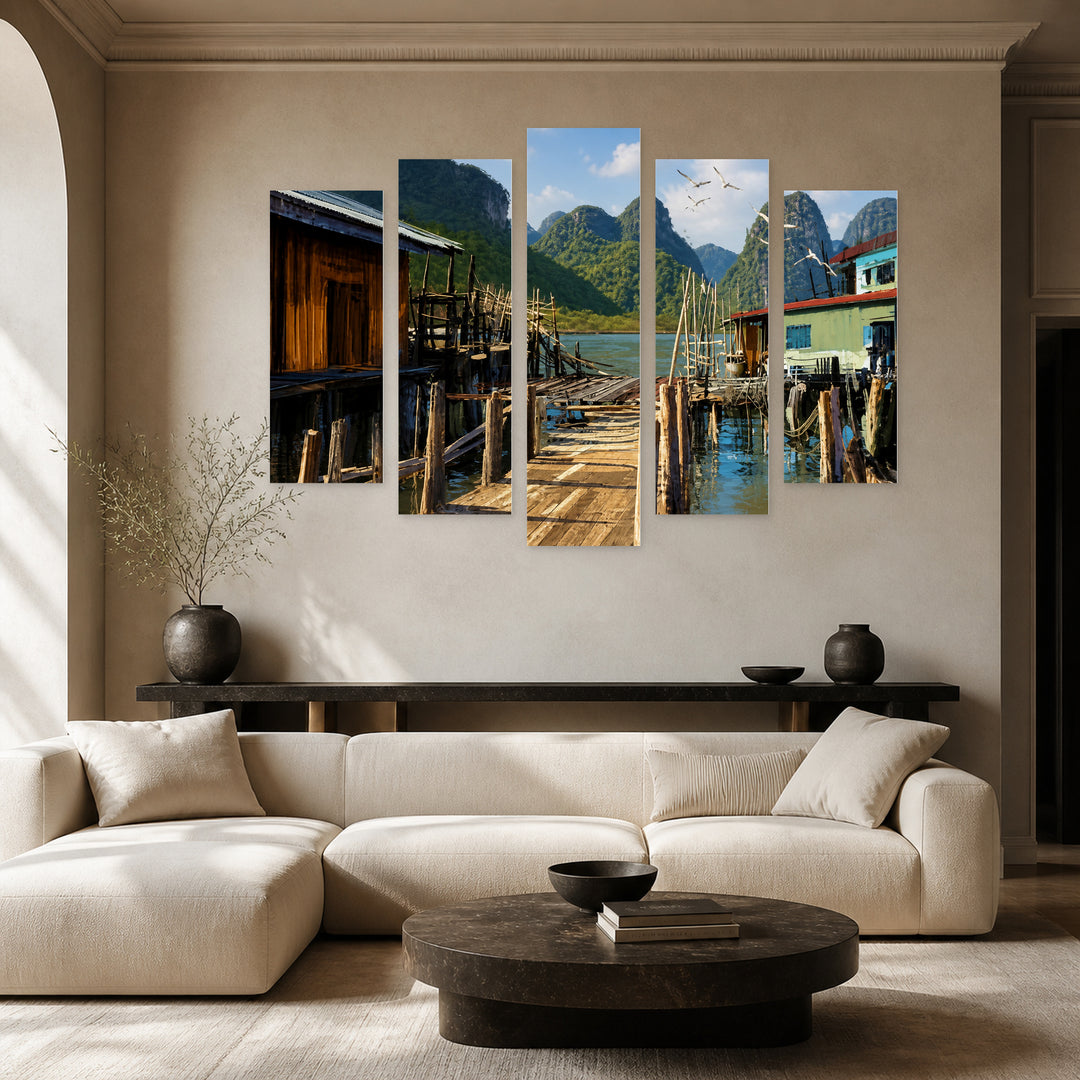 Fishing Village in Serene Light — five-panel wall art in alternate frontal interior | 5wallart 52770 M4
