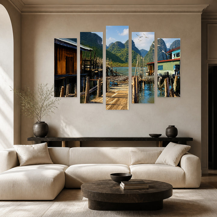 Fishing Village in Serene Light — five-panel wall art in alternate frontal interior | 5wallart 52770 M4