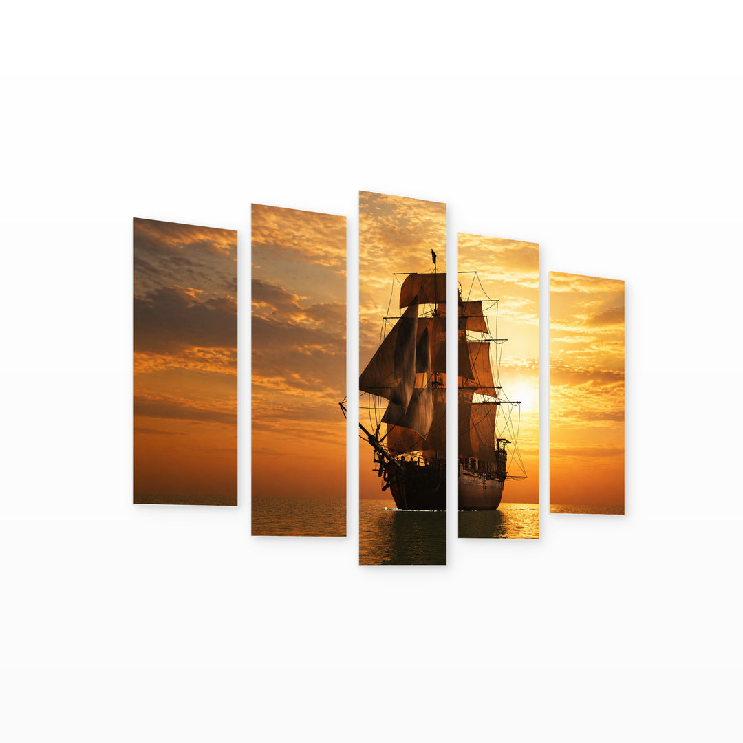 Golden Sunset over Vintage Boat — five-panel wall art on white background in perspective | 5wallart 52772 M1