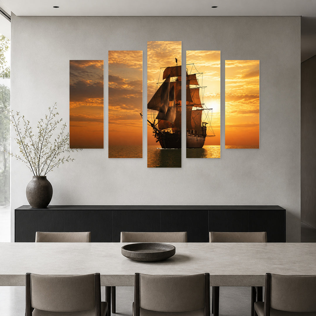 Golden Sunset over Vintage Boat — five-panel wall art in frontal interior | 5wallart 52772 M3