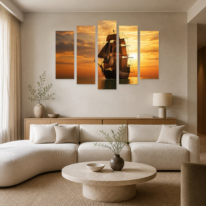 Golden Sunset over Vintage Boat — five-panel wall art in alternate frontal interior | 5wallart 52772 M4