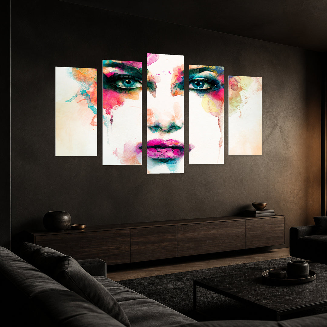 Watercolor Muse in Pink and Teal — five-panel wall art in perspective interior | 5wallart 52773 M2