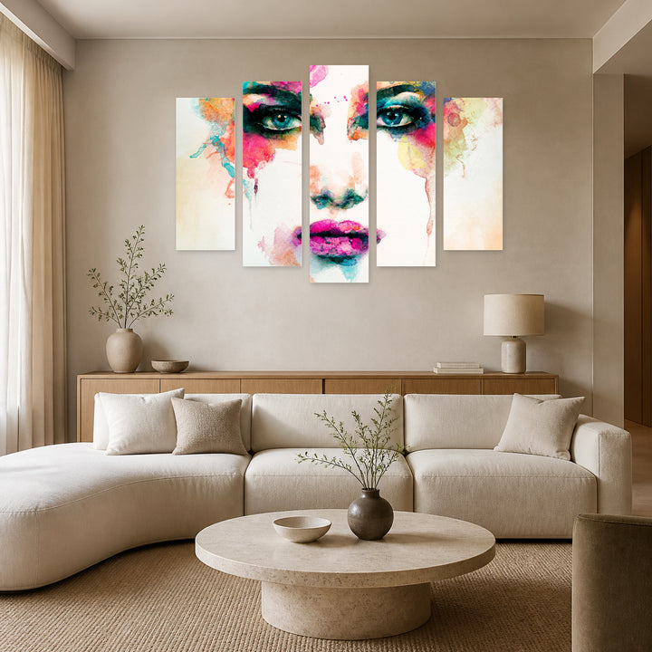 Watercolor Muse in Pink and Teal — five-panel wall art in frontal interior | 5wallart 52773 M3