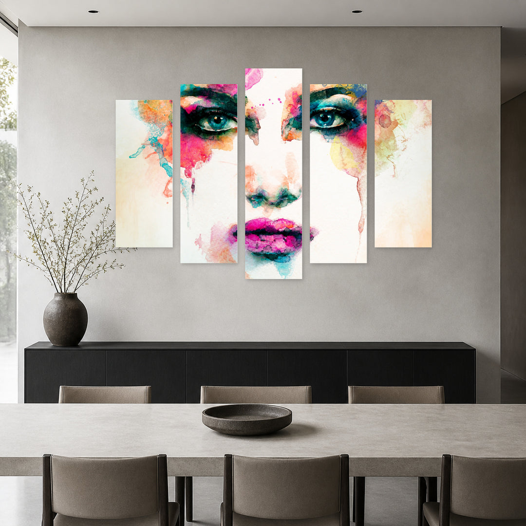 Watercolor Muse in Pink and Teal — five-panel wall art in alternate frontal interior | 5wallart 52773 M4