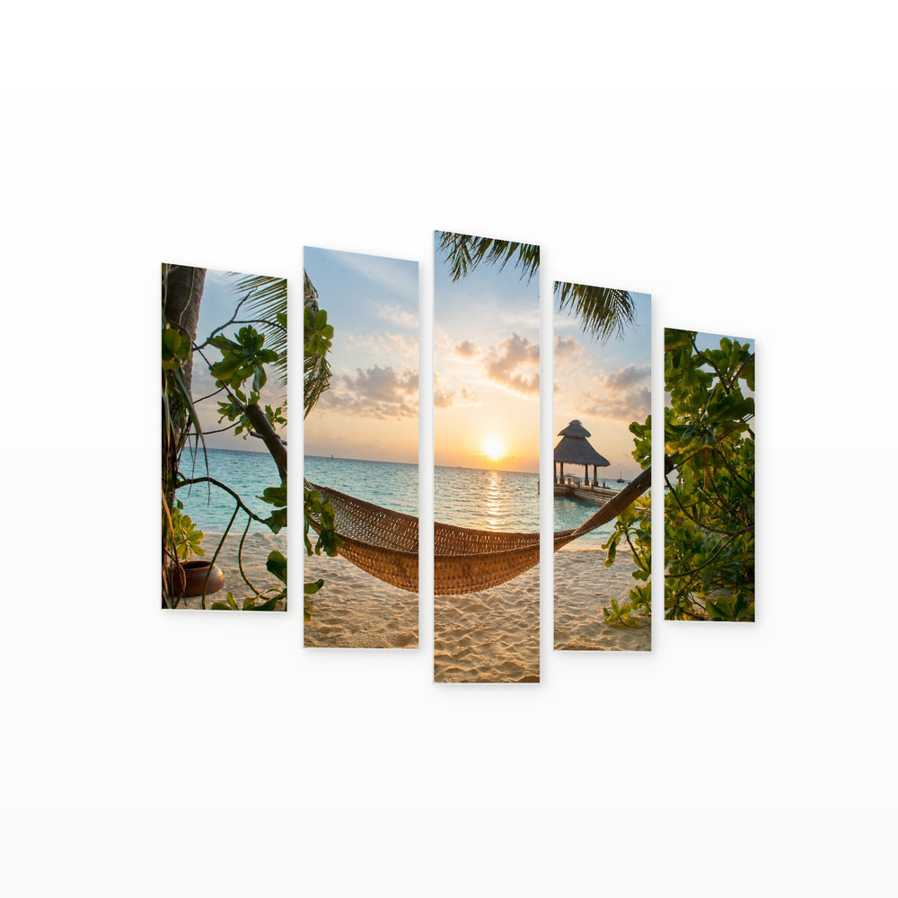 Tropical Beach in the Maldives with Dreamlike Atmosphere — five-panel wall art on white background in perspective | 5wallart 52774 M1