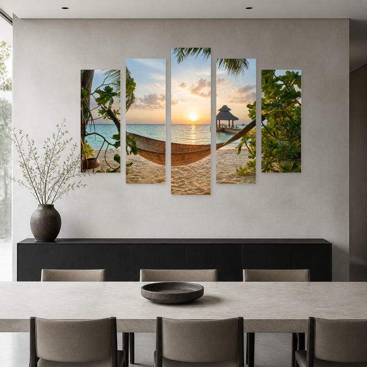 Tropical Beach in the Maldives with Dreamlike Atmosphere — five-panel wall art in frontal interior | 5wallart 52774 M3