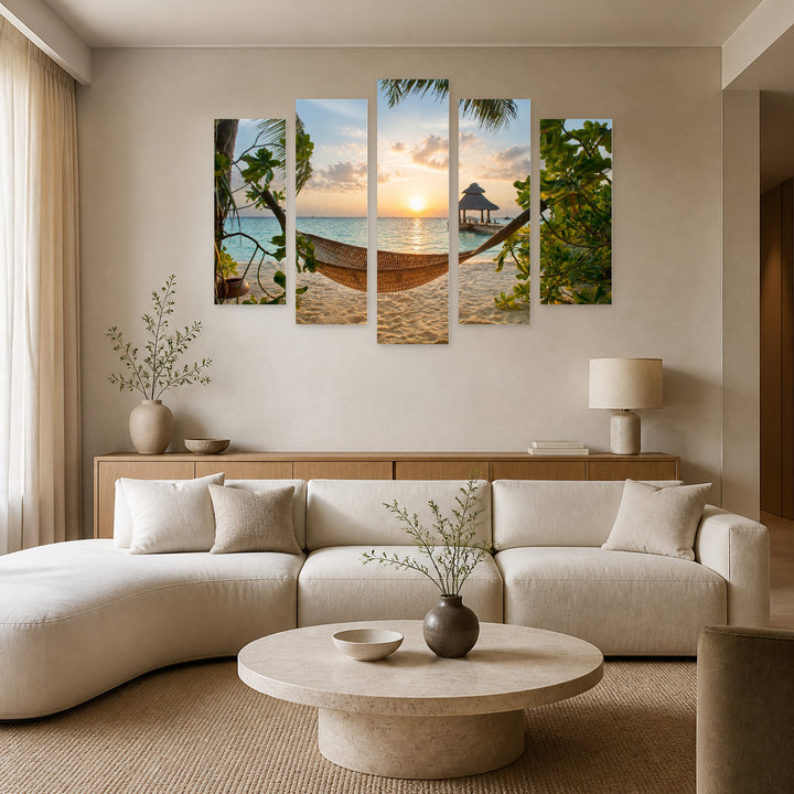 Tropical Beach in the Maldives with Dreamlike Atmosphere — five-panel wall art in alternate frontal interior | 5wallart 52774 M4