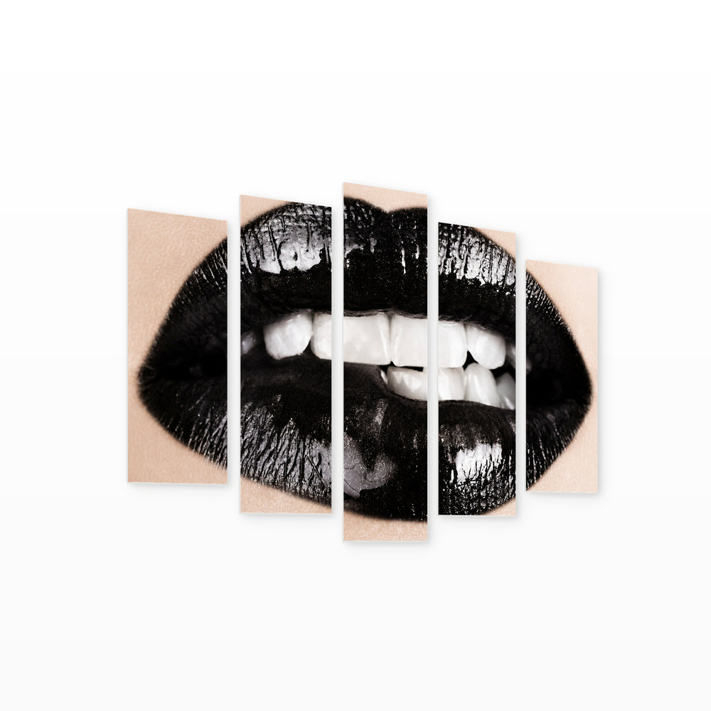 Black Glossy Lips with Dramatic Contrast — five-panel wall art on white background in perspective | 5wallart 52776 M1