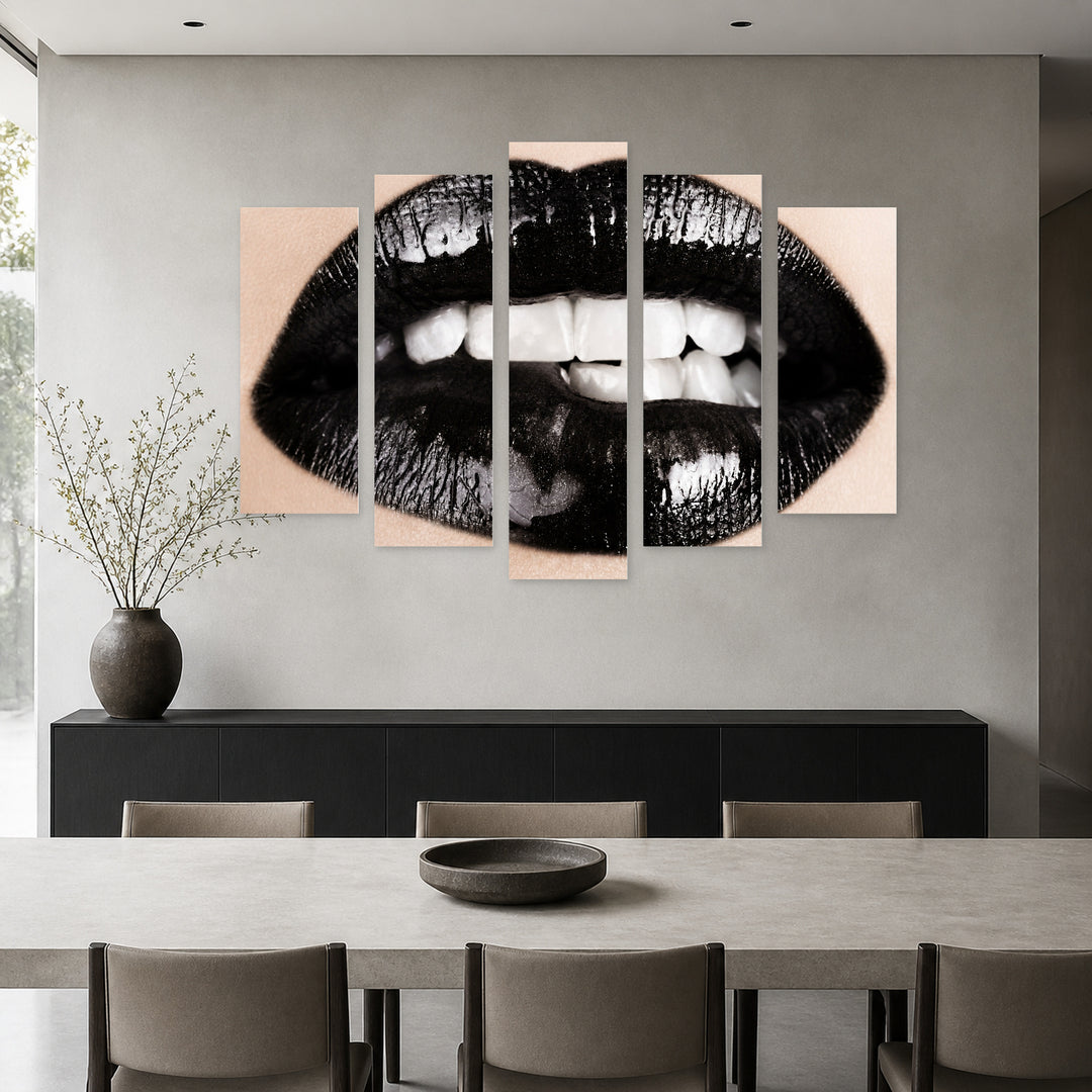 Black Glossy Lips with Dramatic Contrast — five-panel wall art in frontal interior | 5wallart 52776 M3