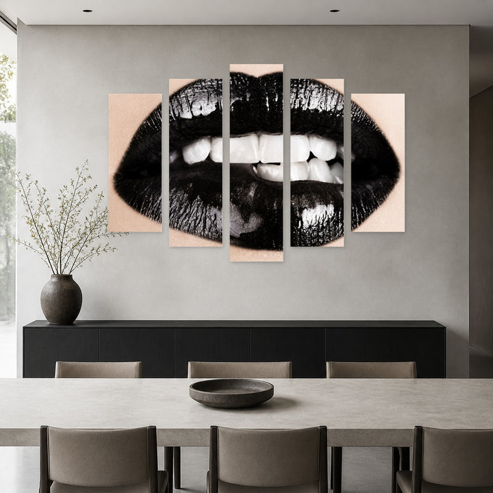 Black Glossy Lips with Dramatic Contrast — five-panel wall art in frontal interior | 5wallart 52776 M3