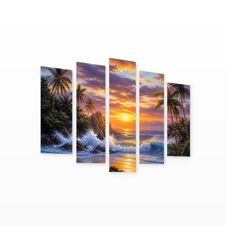 Seaside Evening Landscape in Serene Light — five-panel wall art on white background in perspective | 5wallart 52779 M1